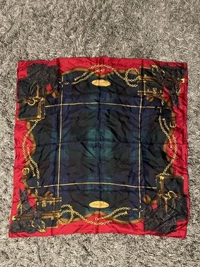 Ralph Lauren Silk Scarf in Red, Navy & Gold Chain Print